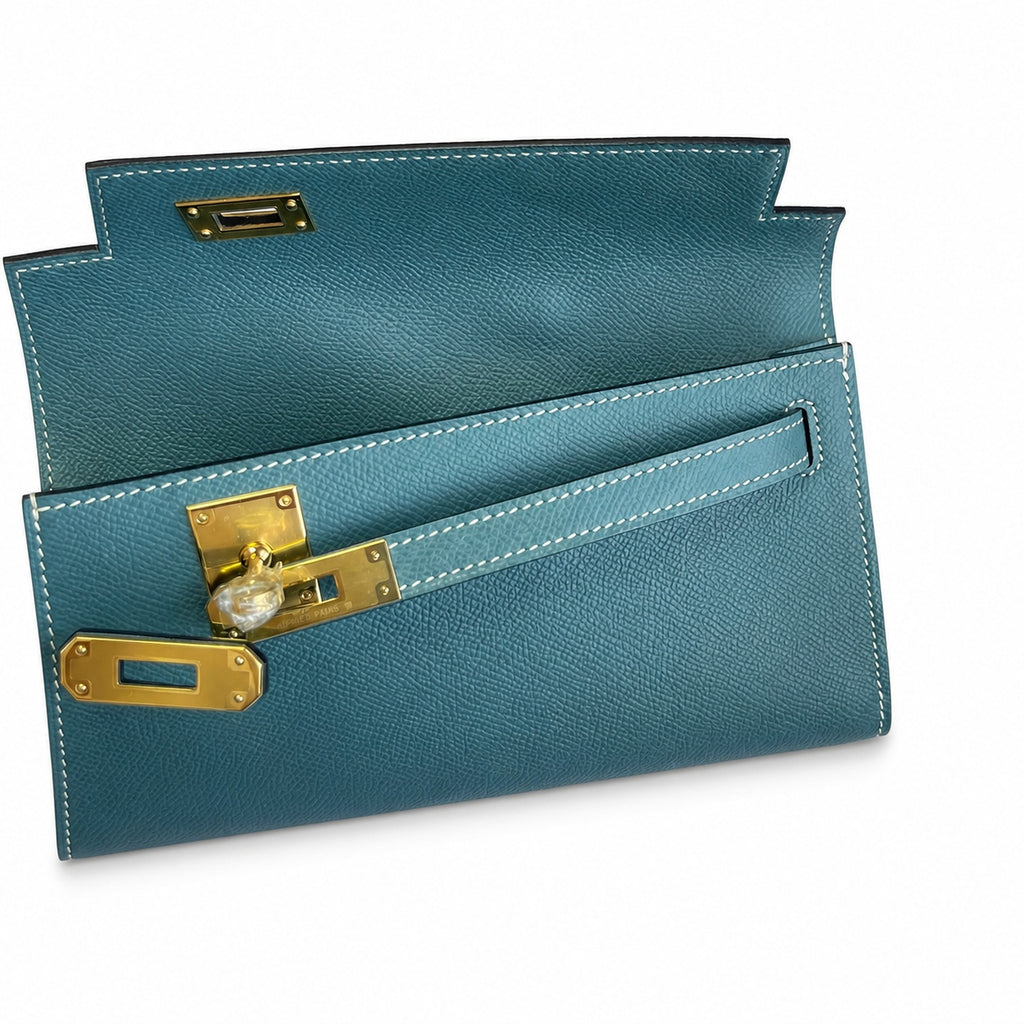 Kelly Cut 31 Clutch Epsom Leather Denim Blue — Polished Compact Clutch