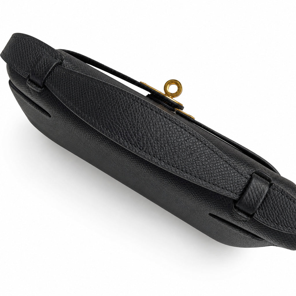 First generation handbag evening bag Kelly 22cm Epsom Leather Black Gold Buckle wax thread — Refined Top-Handle Bag