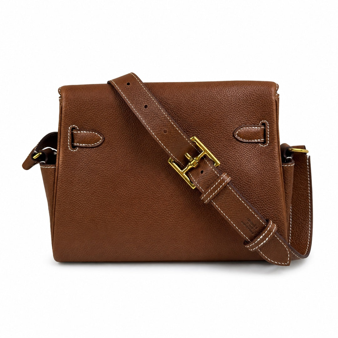 Kelly Messenger messenger bag for men and women, Fubao leather Gold Brown Gold Buckle, imported leather, all-steel hand-waxed thread, the highest — Versatile Structured Bag