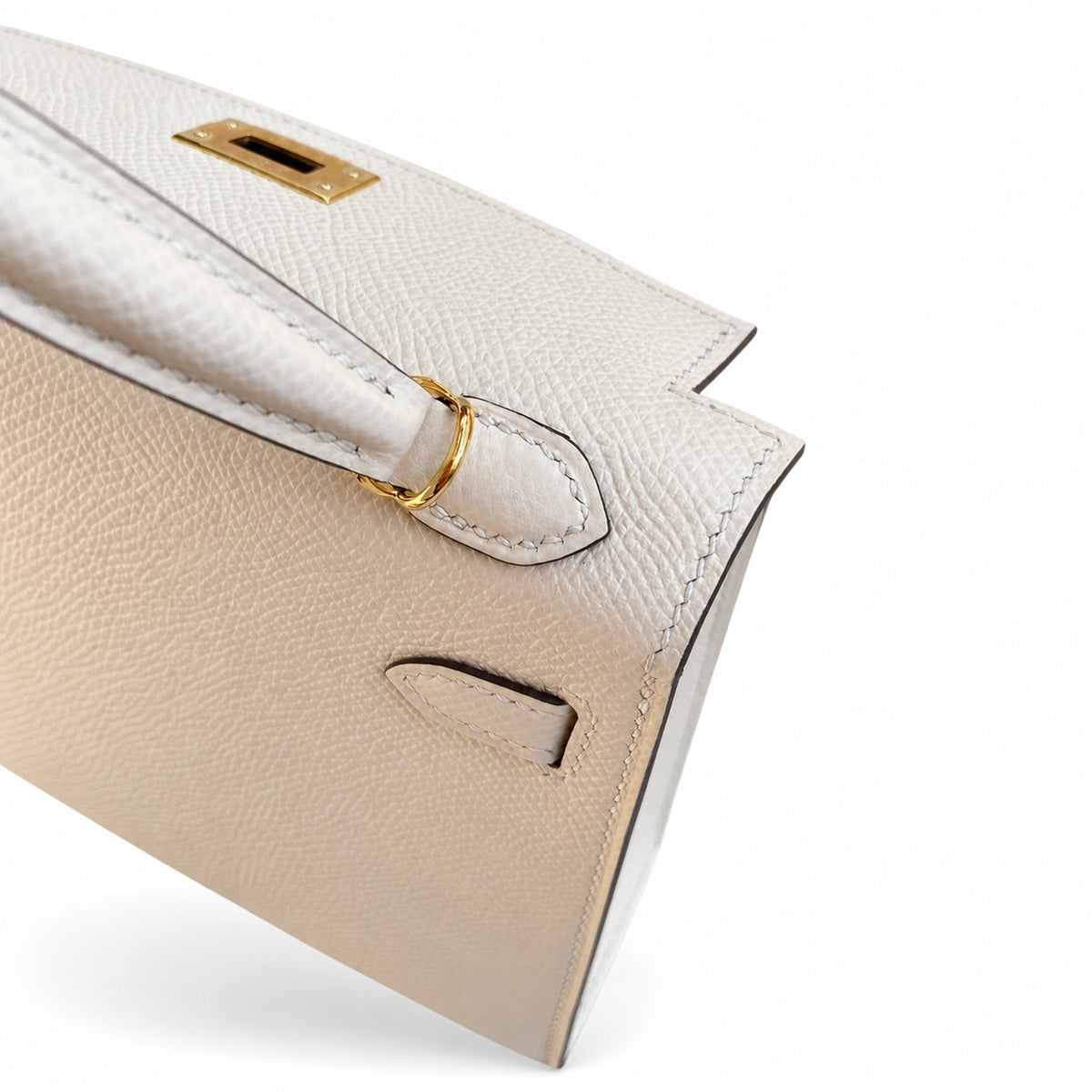 handmade Mini Kelly II 19cm imported Epsom Leather cream White Gold Buckle — Streamlined Mini Handbag