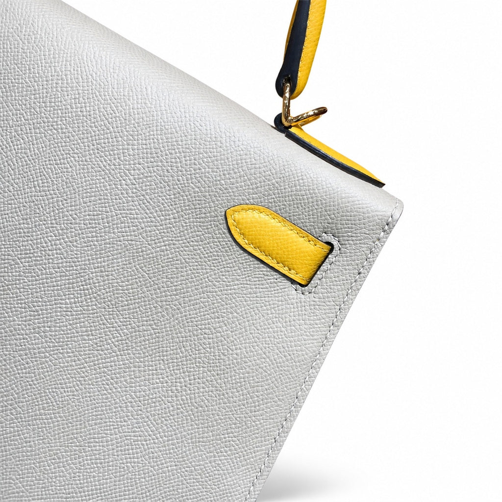 Kelly 28cm Epsom Leather S2 Trench Windbreaker Gray and 9D Jaune Amber Top Handmade — Versatile Structured Bag