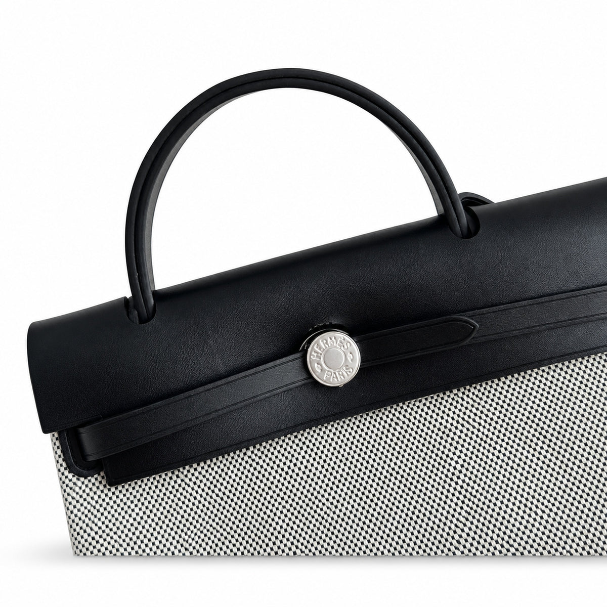 Herbag 31cm Saddle-Inspired Canvas Body with Leather Handle and Shoulder Strap — Elegant Canvas-and-Leather Bag