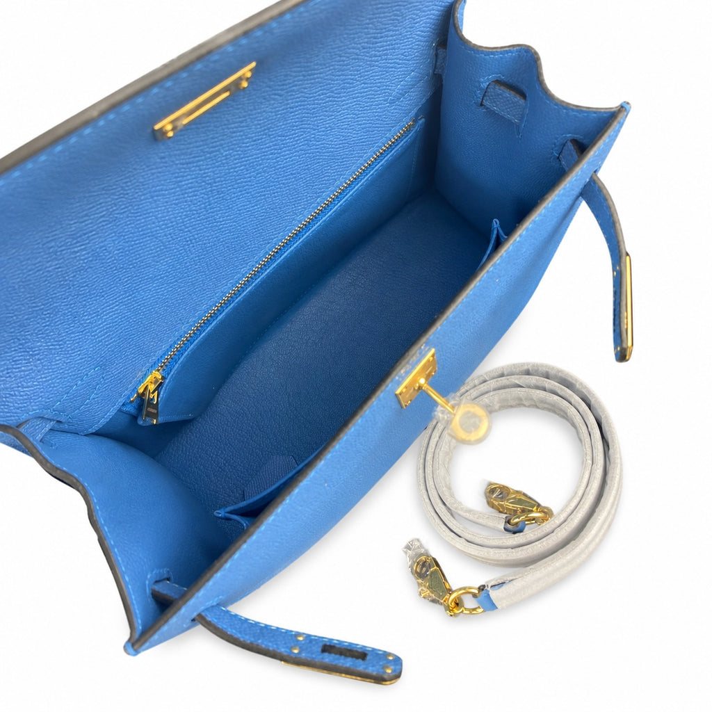 Kelly Kelly 25cm, Epsom Leather wax thread semi-handmade, Tanzania blue — Structured Top-Handle Handbag