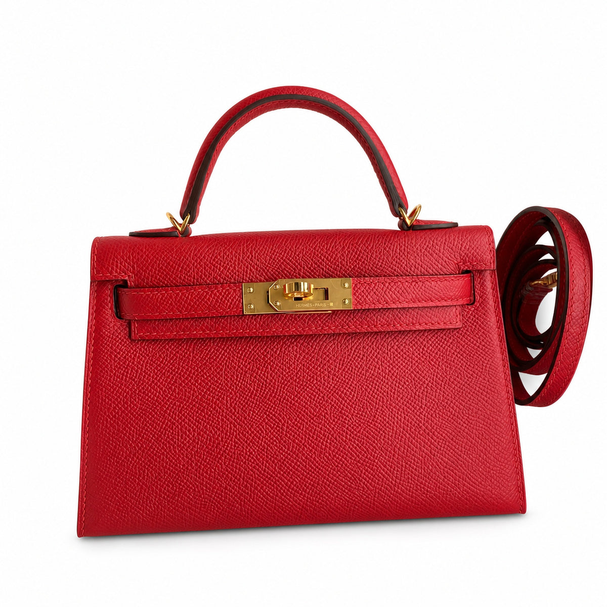 handmade Mini Kelly II 19cm imported Epsom Leather flag Red Gold Buckle — Distinctive Petite Bag