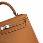 Kelly 25 Golden Brown Silver Buckle Epsom fully handmade wax thread — Sophisticated Carry Design