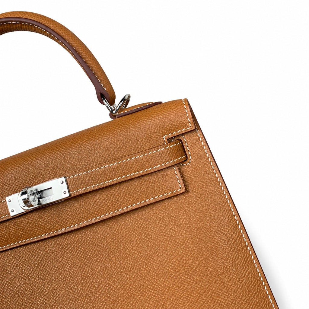 Sophisticated Carry Design: Kelly 25 Golden Brown Silver Buckle Epsom fully handmade wax thread