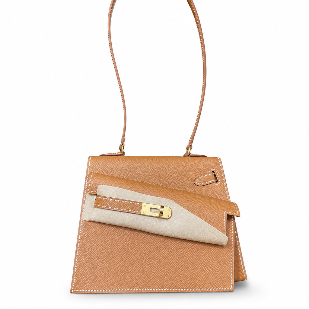 Kelly Desordre 20cm Sellier double-sided Epsom original palm print leather ck37 Golden Brown Gold Gold Buckle GHW top hand sewing — Double-Sided Structured Handbag
