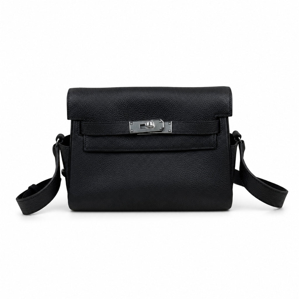 Kelly Messenger messenger bag for men and women, Black Silver Buckle, imported leather, all-steel hand-waxed thread, the highest cost-effectiveness — Versatile Structured Bag