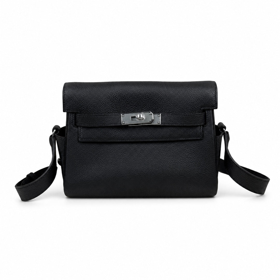 Kelly Messenger messenger bag for men and women, Black Silver Buckle, imported leather, all-steel hand-waxed thread, the highest cost-effectiveness — Versatile Structured Bag