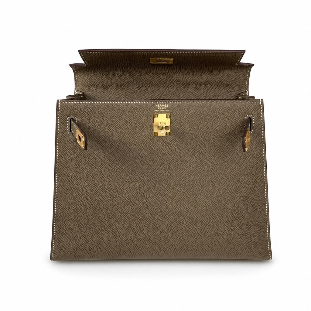 Kelly 25 Elephant Gray Epsom Gold Buckle, fully handmade with wax thread — Classic Hand-Carry Silhouette