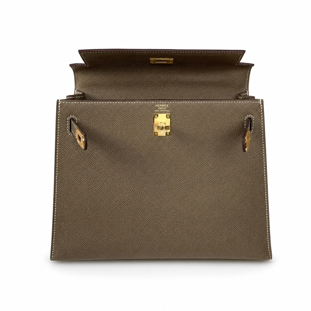Kelly 25 Elephant Gray Epsom Gold Buckle, fully handmade with wax thread — Classic Hand-Carry Silhouette