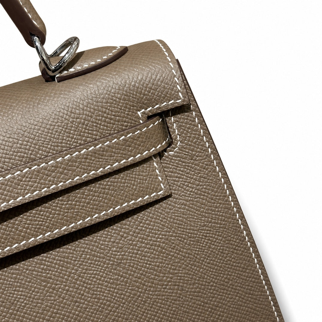 Distinctive Hand-Carry Bag: Kelly 25cm in Elephant Gray Epsom Leather with Silver Buckle Handmade