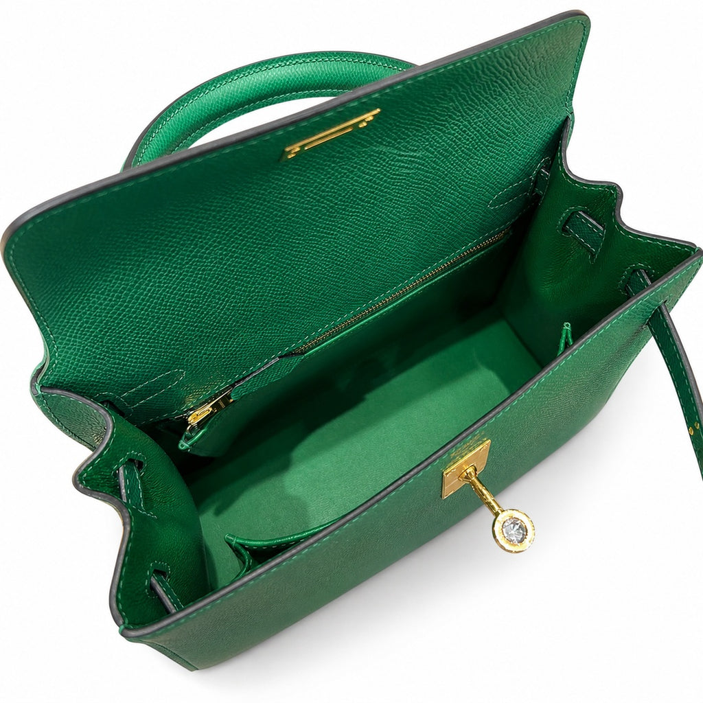 Kelly 25cm Epsom Leather U4 Vert Veryigo Velvet Green top handmade — Sophisticated Carry Design