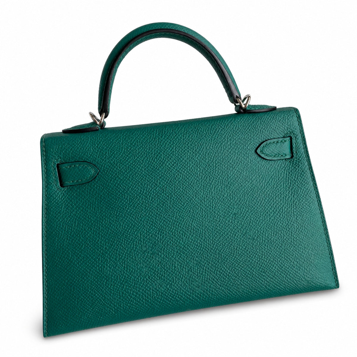 handmade Mini Kelly II 19cm imported Epsom Leather malachite green Silver Buckle — Compact Top-Handle Bag