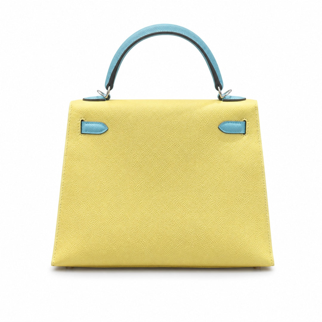 Kelly 28cm Epsom Leather C9 Soufre goose egg yolk 3P BlueAtoll macaron blue top handcraft — Polished Structured Handbag