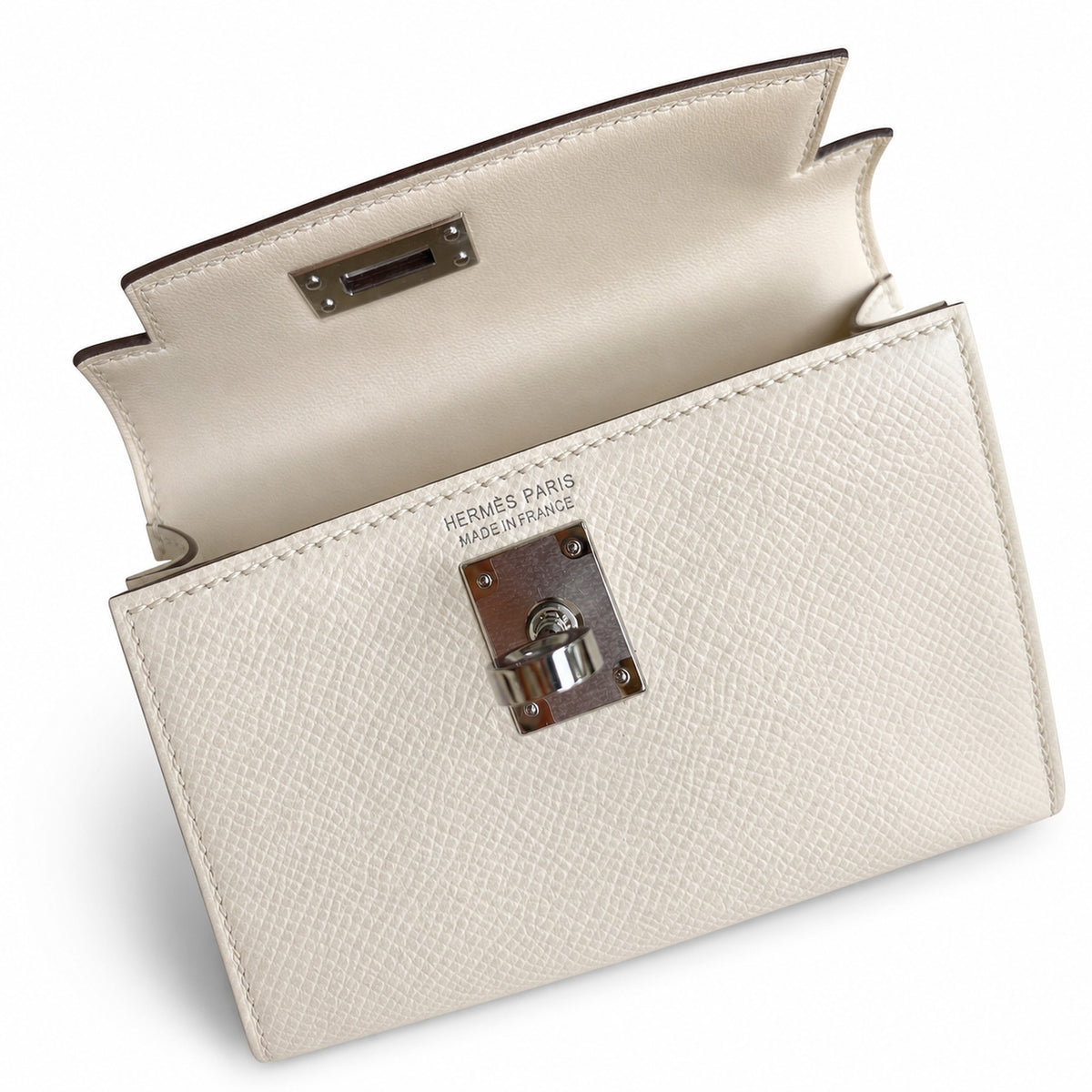 handmade Mini Kelly II 19cm imported Epsom Leather cream White Silver Buckle — Elegant Compact Carry Style