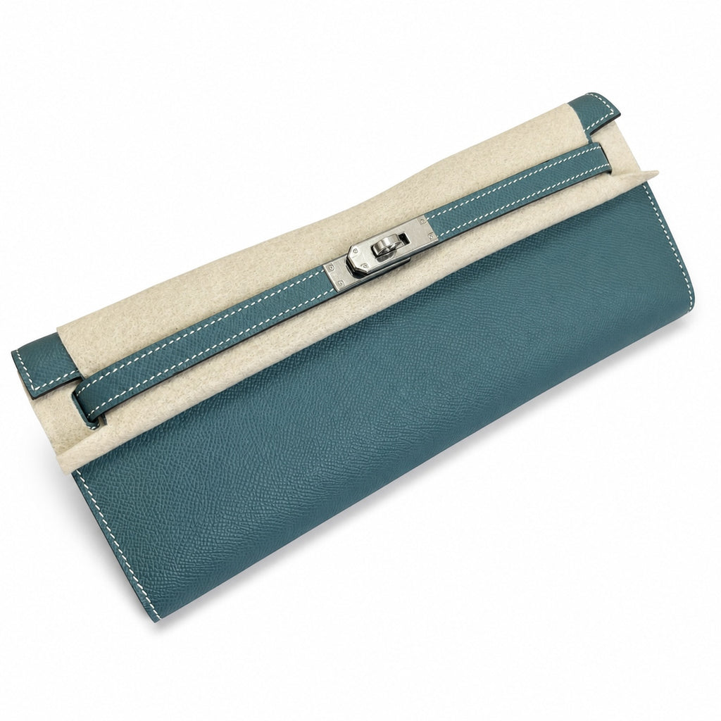 Polished Compact Clutch: Kelly Cut 31 Clutch Epsom Leather Denim Blue