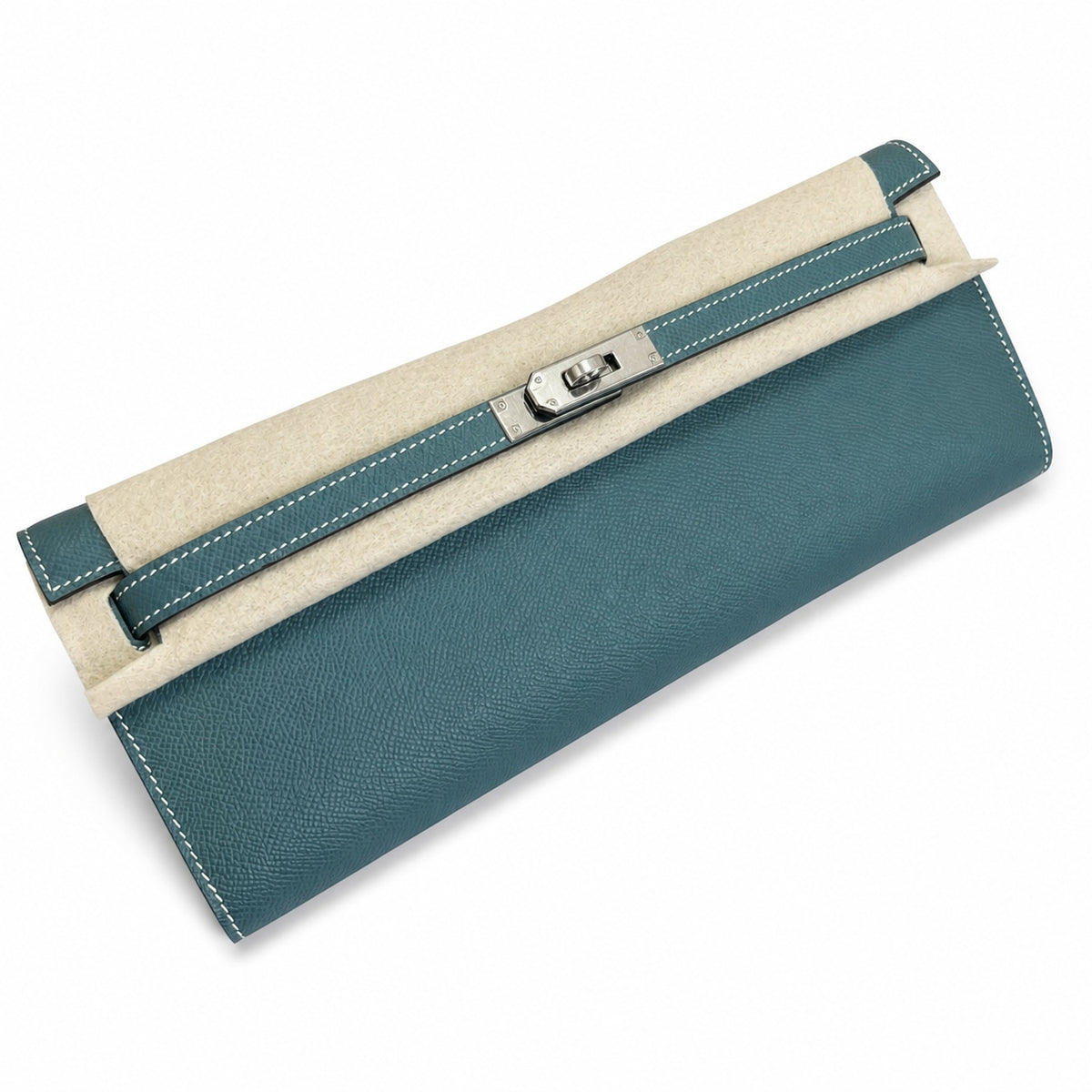 Polished Compact Clutch: Kelly Cut 31 Clutch Epsom Leather Denim Blue