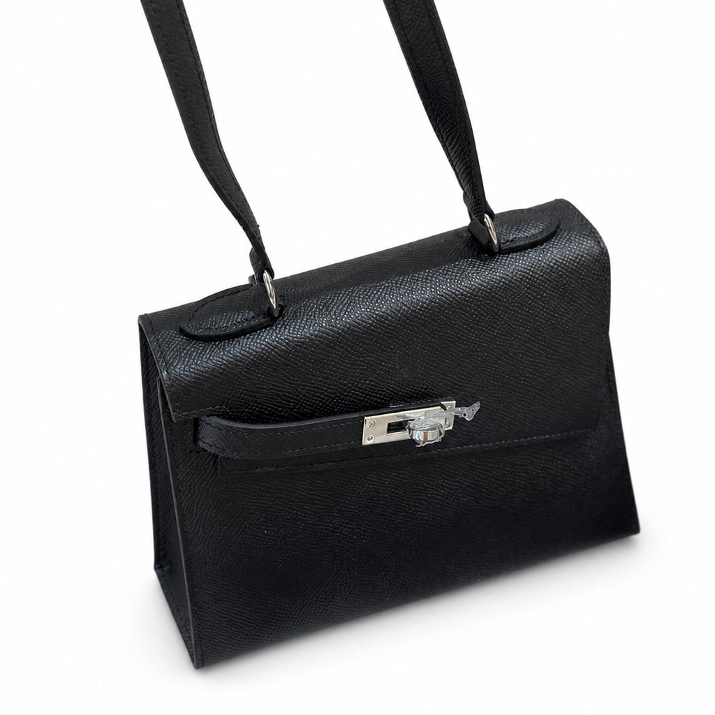 Kelly Double-Sided Epsom Leather in Black with Silver Buckle — Elegant Structured Carry Style