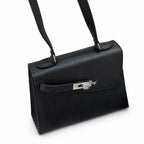 Kelly Double-Sided Epsom Leather in Black with Silver Buckle — Elegant Structured Carry Style