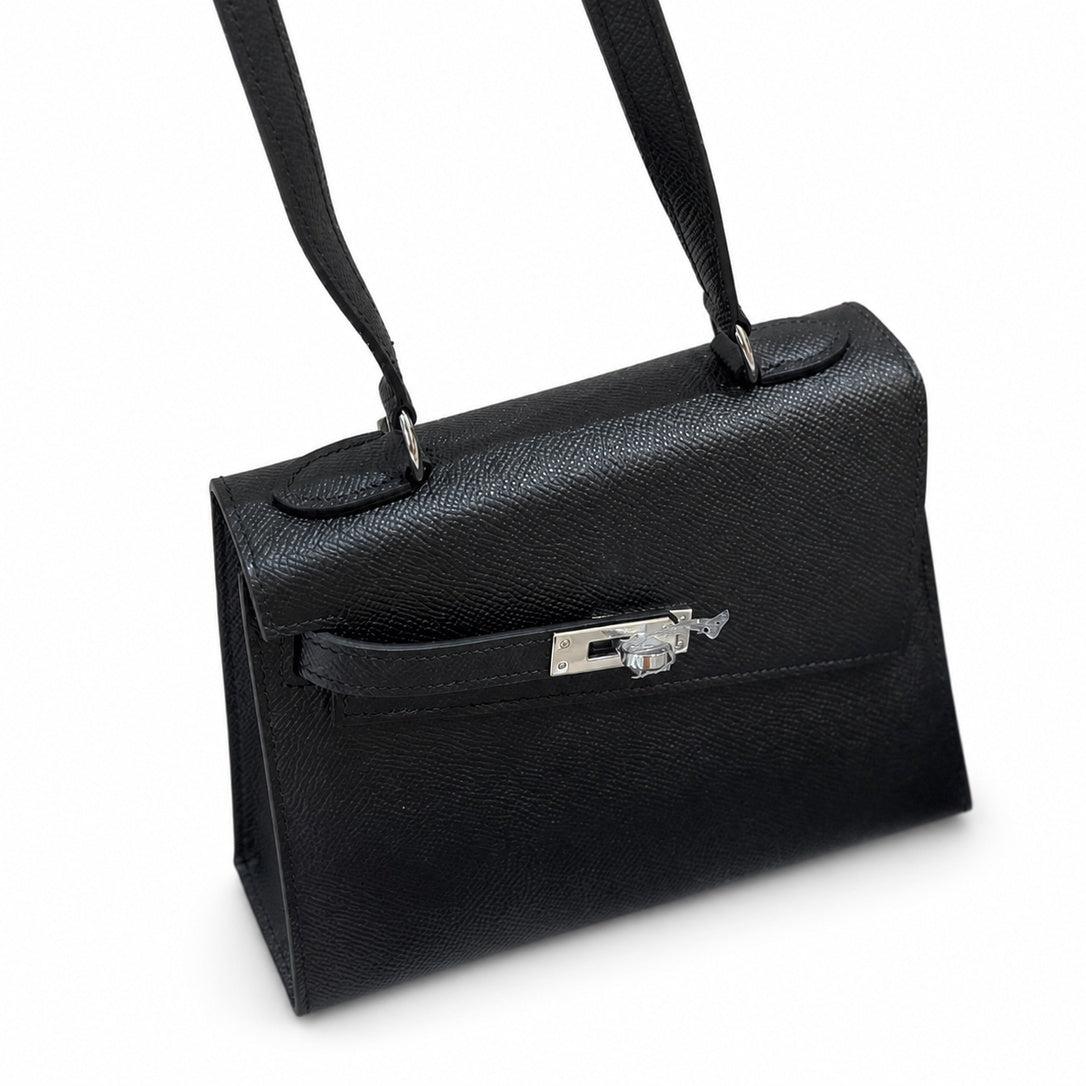 Kelly Double-Sided Epsom Leather in Black with Silver Buckle — Elegant Structured Carry Style