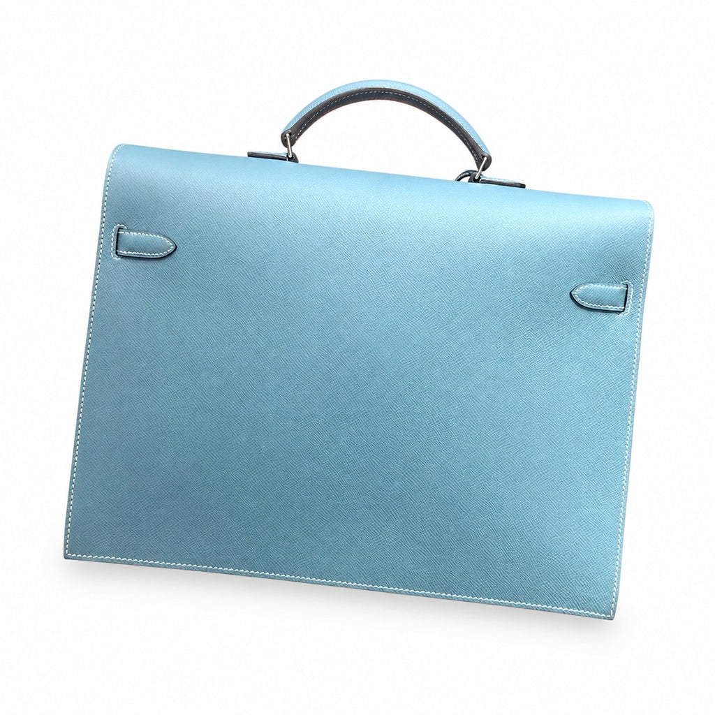 Kelly briefcase 38cm Epsom Leather 75 Bleu Jean denim blue top handcraft — Polished Hand-Carry Briefcase