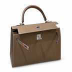 Kelly 25cm in Elephant Gray Epsom Leather with Silver Buckle Handmade — Distinctive Hand-Carry Bag