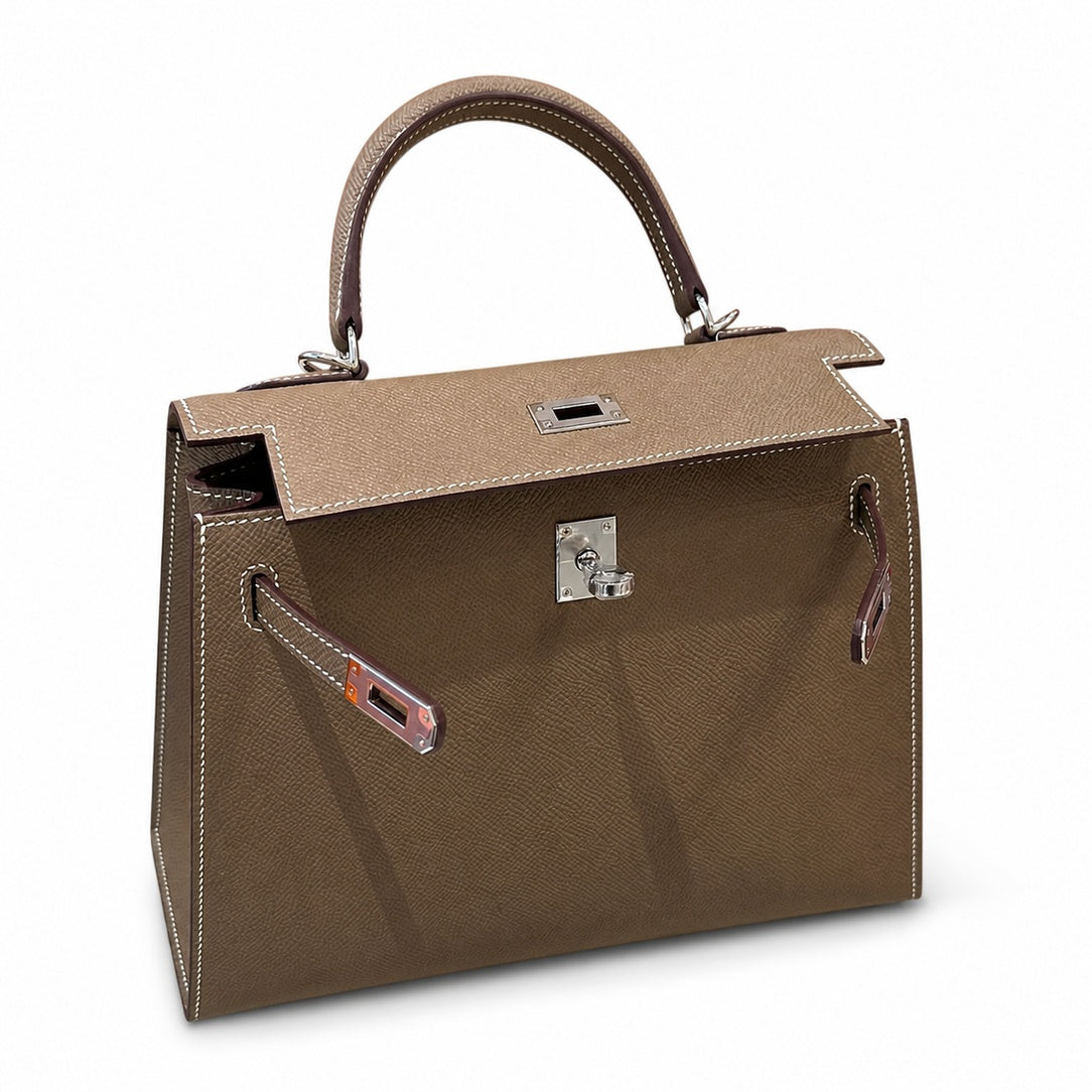 Kelly 25cm in Elephant Gray Epsom Leather with Silver Buckle Handmade — Distinctive Hand-Carry Bag