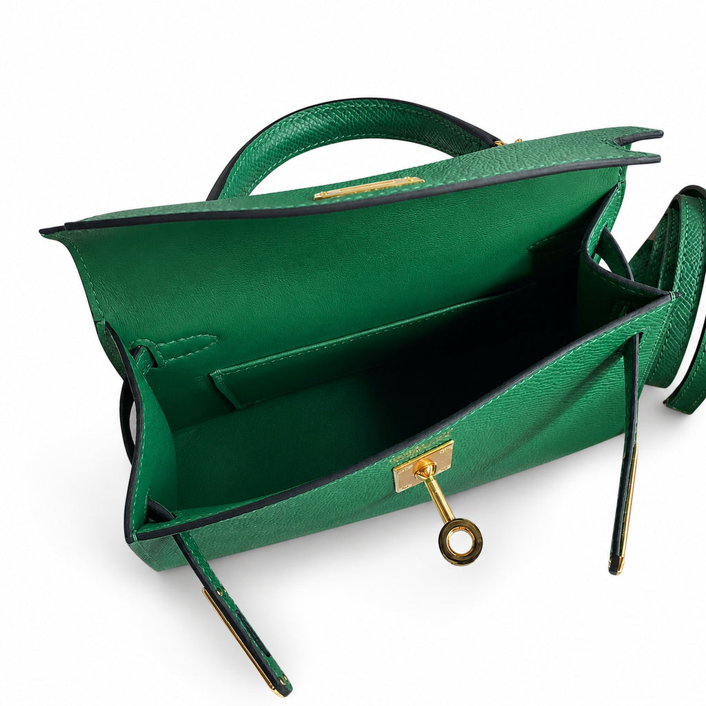 handmade Mini Kelly II 19cm imported Epsom Leather Velvet Green Gold Buckle — Distinctive Petite Bag