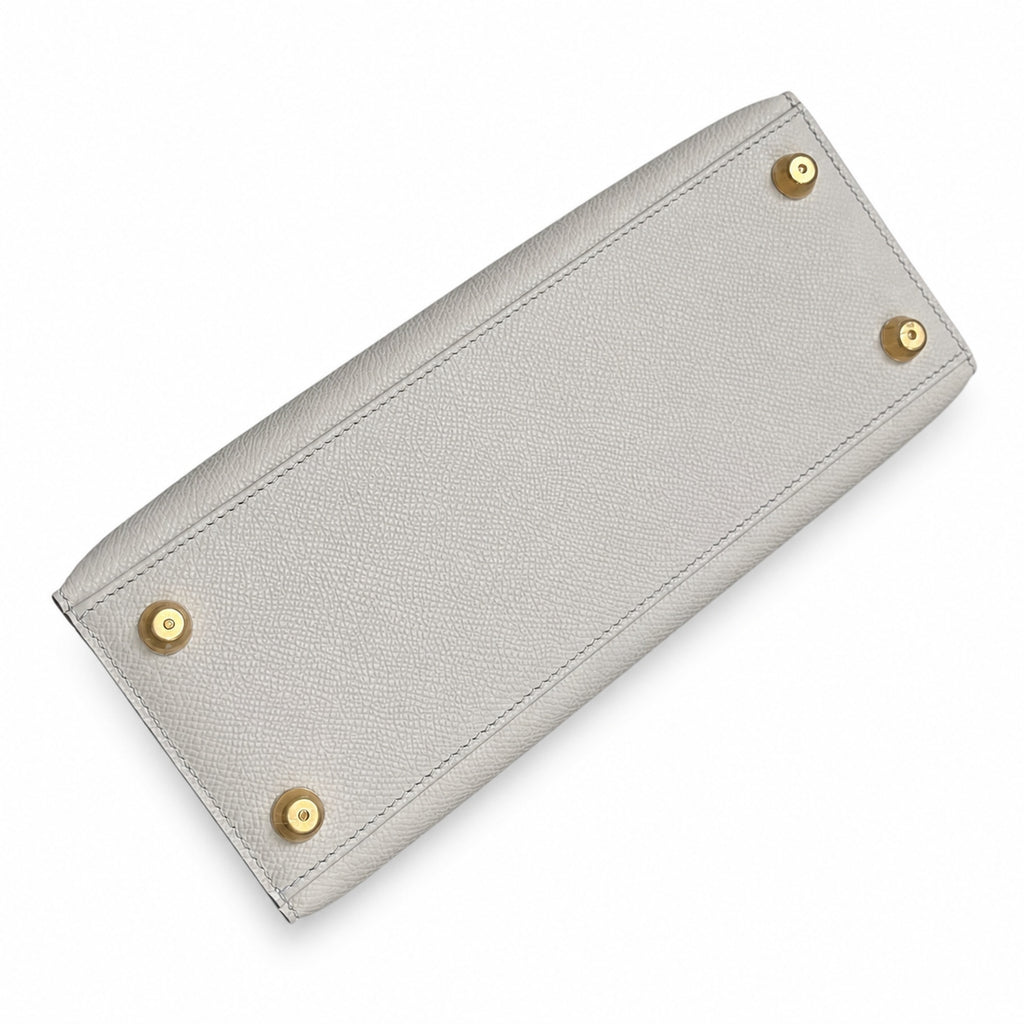 Milkshake White, Gold Buckle and Silver Buckle, Kelly 25, imported Epsom — Polished Structured Handbag