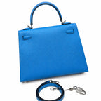 Kelly 25cm in Blue Epsom Leather with Silver Buckle Handmade — Timeless Top-Handle Design