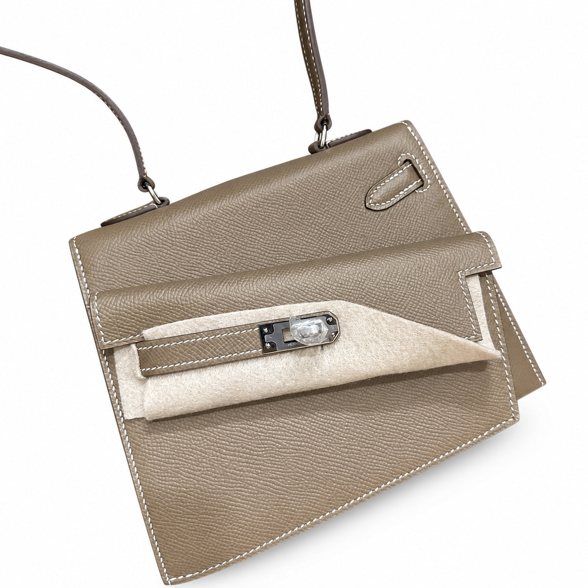 Kelly double-sided Desordre Epsom original palm print leather ck18 Elephant Gray Etoupe Silver Buckle PHW top hand sewing — Elegant Structured Carry Style