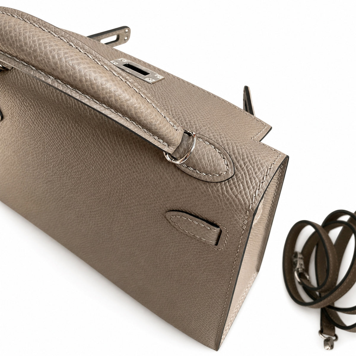 handmade Mini Kelly II 19cm imported Epsom Leather asphalt gray Silver Buckle — Versatile Mini Carry Design