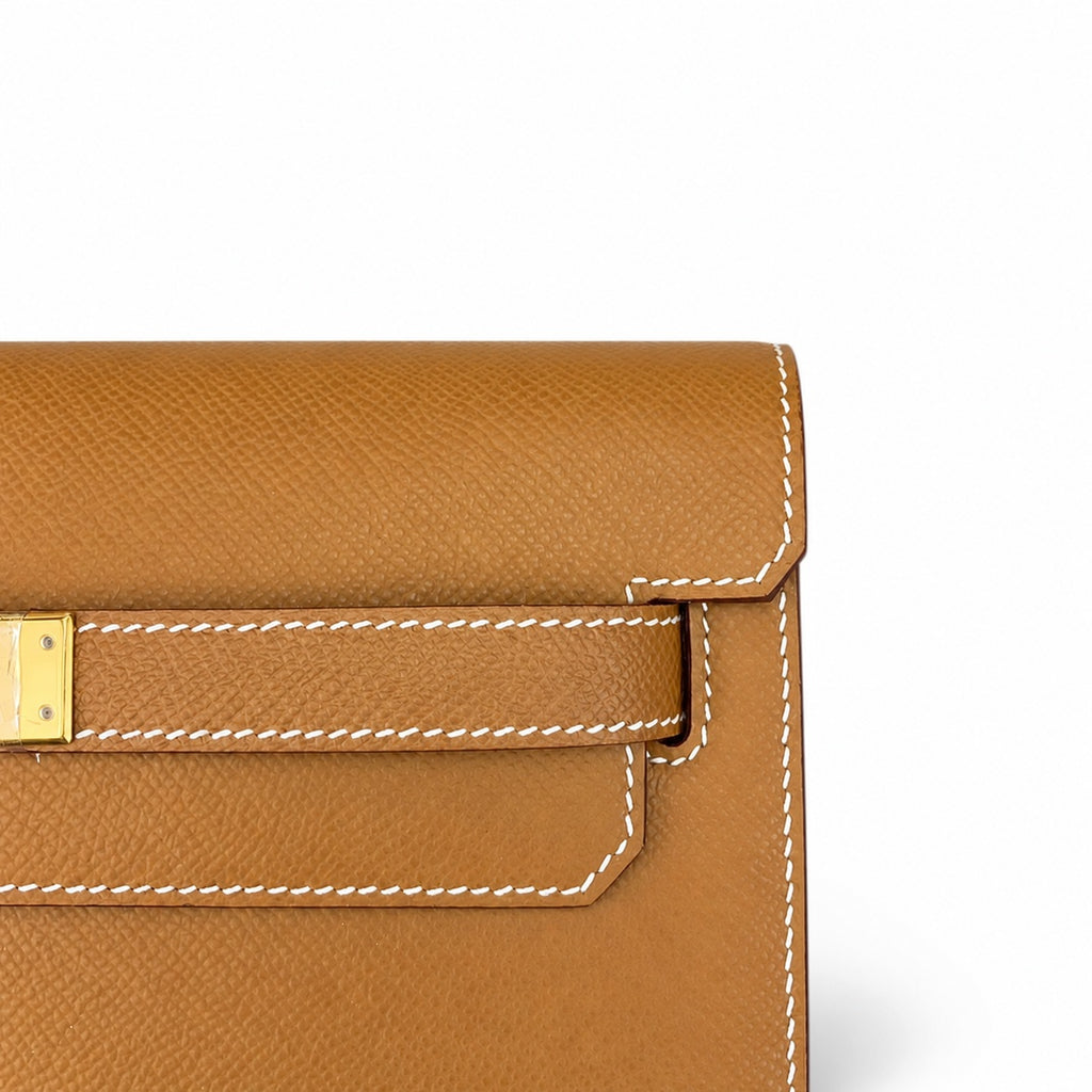 Kelly Depeches 25cm Epsom Leather, 37 Gold Brown, Gold Buckle — Sophisticated Compact Carry