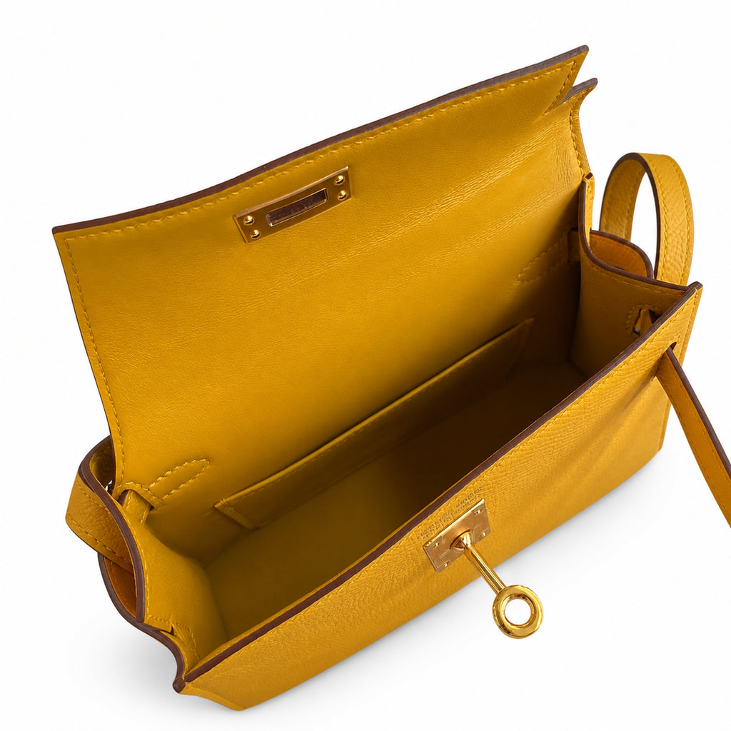handmade Mini Kelly II 19cm imported Epsom Leather amber yellow Gold Buckle — Distinctive Petite Bag