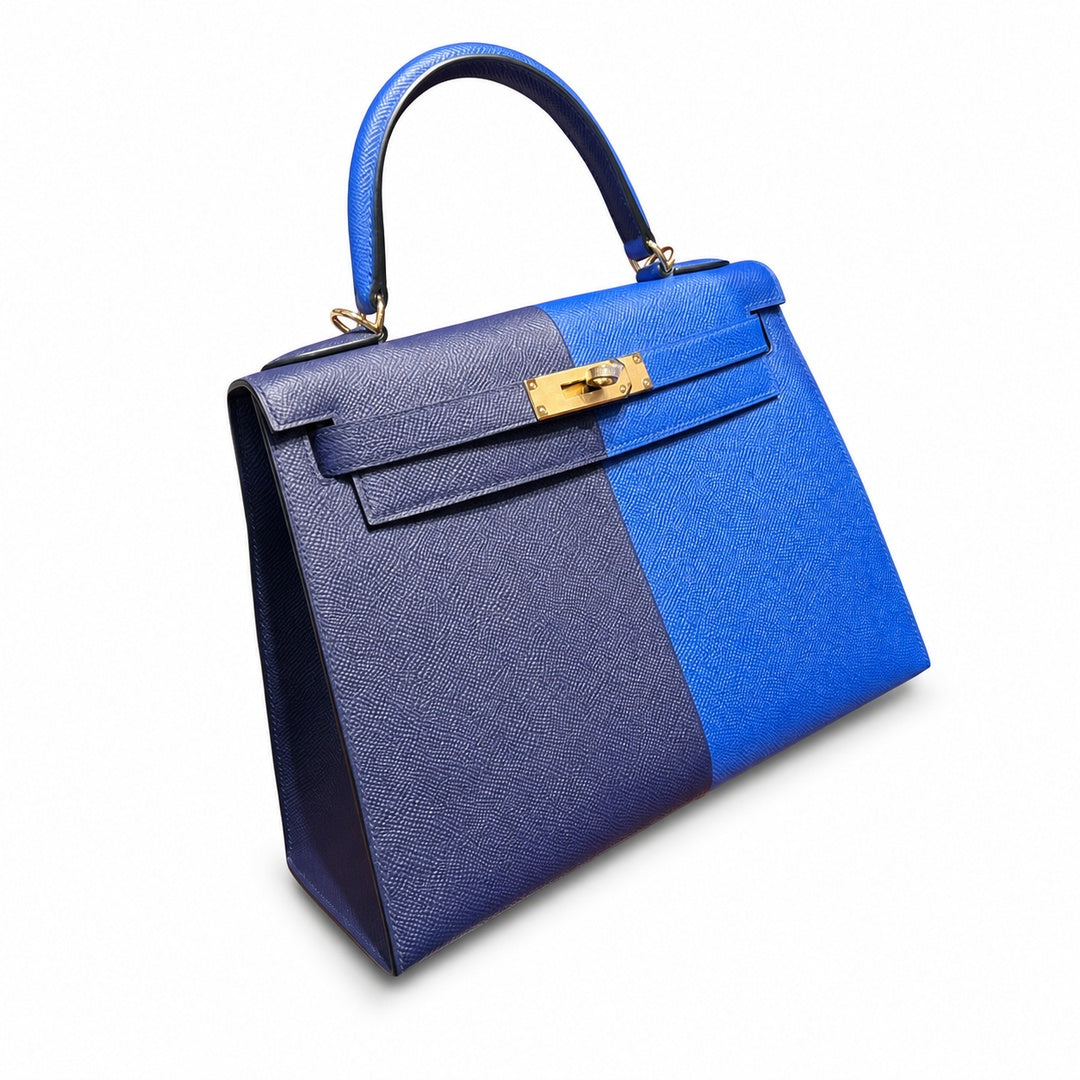 Kelly 28cm Epsom Leather 73 Bleu Saphir sapphire blue combined with 71 Bleu France French blue top handcraft — Refined Top-Handle Bag