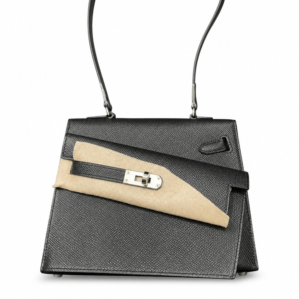 Kelly Desordre 20cm Sellier double-sided Epsom original palm print leather ck89 Black Noir Silver Buckle PHw top hand sewing — Refined Reversible Carry Design