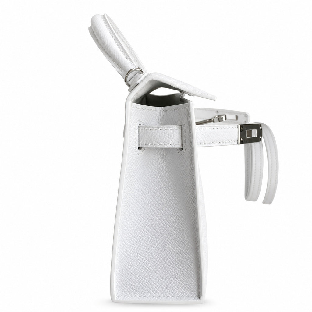 handmade Mini Kelly II 19cm imported Epsom Leather pure White Silver Buckle — Small Structured Carry Style