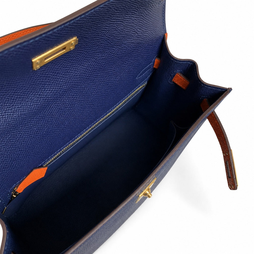 Kelly 25 sapphire blue with classic orange Epsom frosted Gold Buckle handmade — Elegant Structured Carry Style