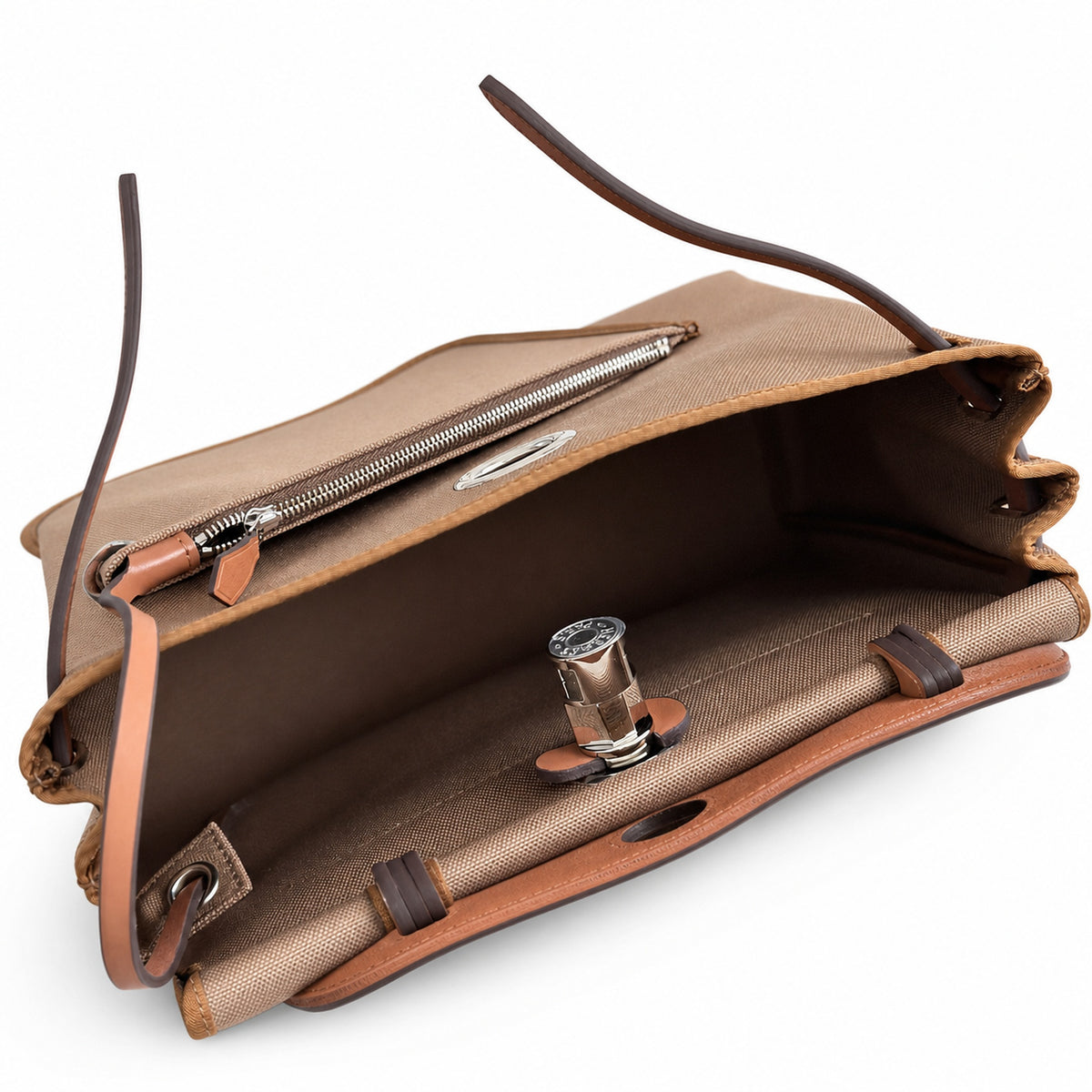 Herbag 31cm Saddle-Inspired Canvas Body with Leather Handle and Shoulder Strap — Structured Leather-Trimmed Canvas Carryall