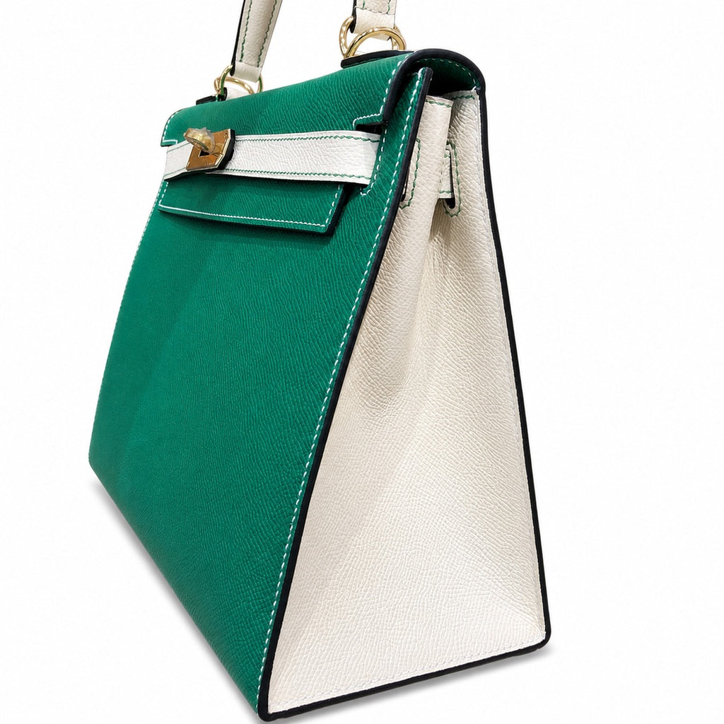 Kelly 28cm Epsom Leather U4 Vert Vertigo Velvet Green with 10 Craie Milkshake White top handcraft — Structured Top-Handle Handbag