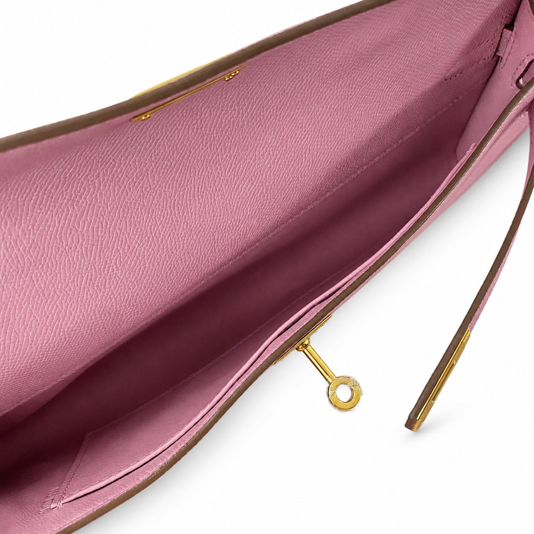 Kelly cut 31 handbag Epsom mallow purple Gold Buckle — Sophisticated Evening Clutch
