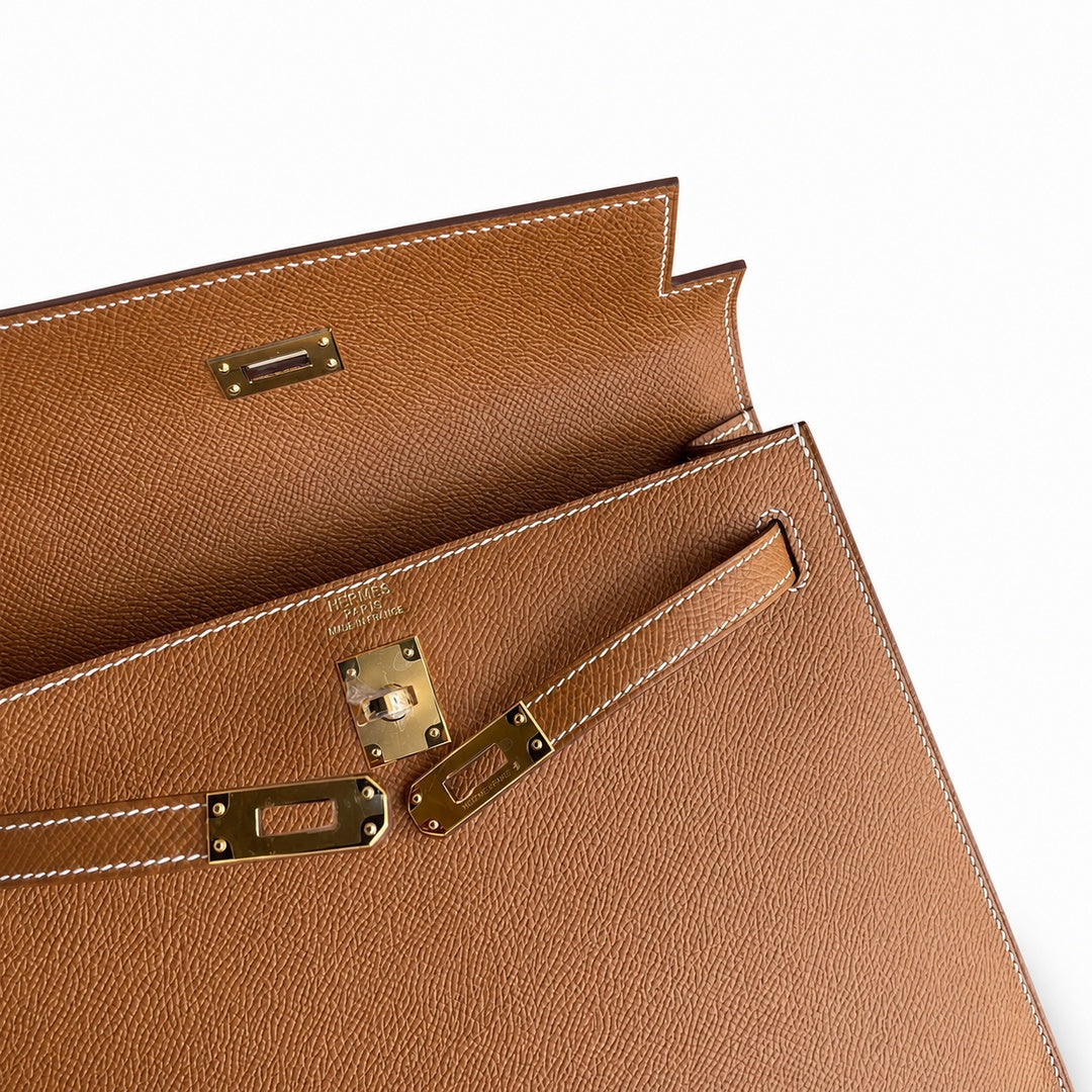 Kelly 25 Golden Brown Gold Buckle Epsom pure hand sewing wax thread — Streamlined Top-Handle Handbag