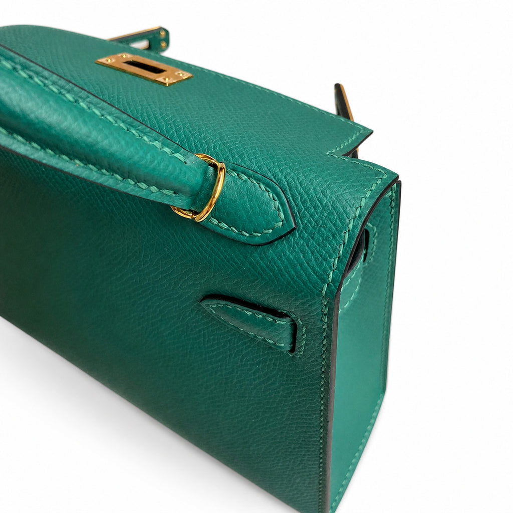 handmade Mini Kelly II 19cm imported Epsom Leather malachite green Gold Buckle — Polished Compact Handbag