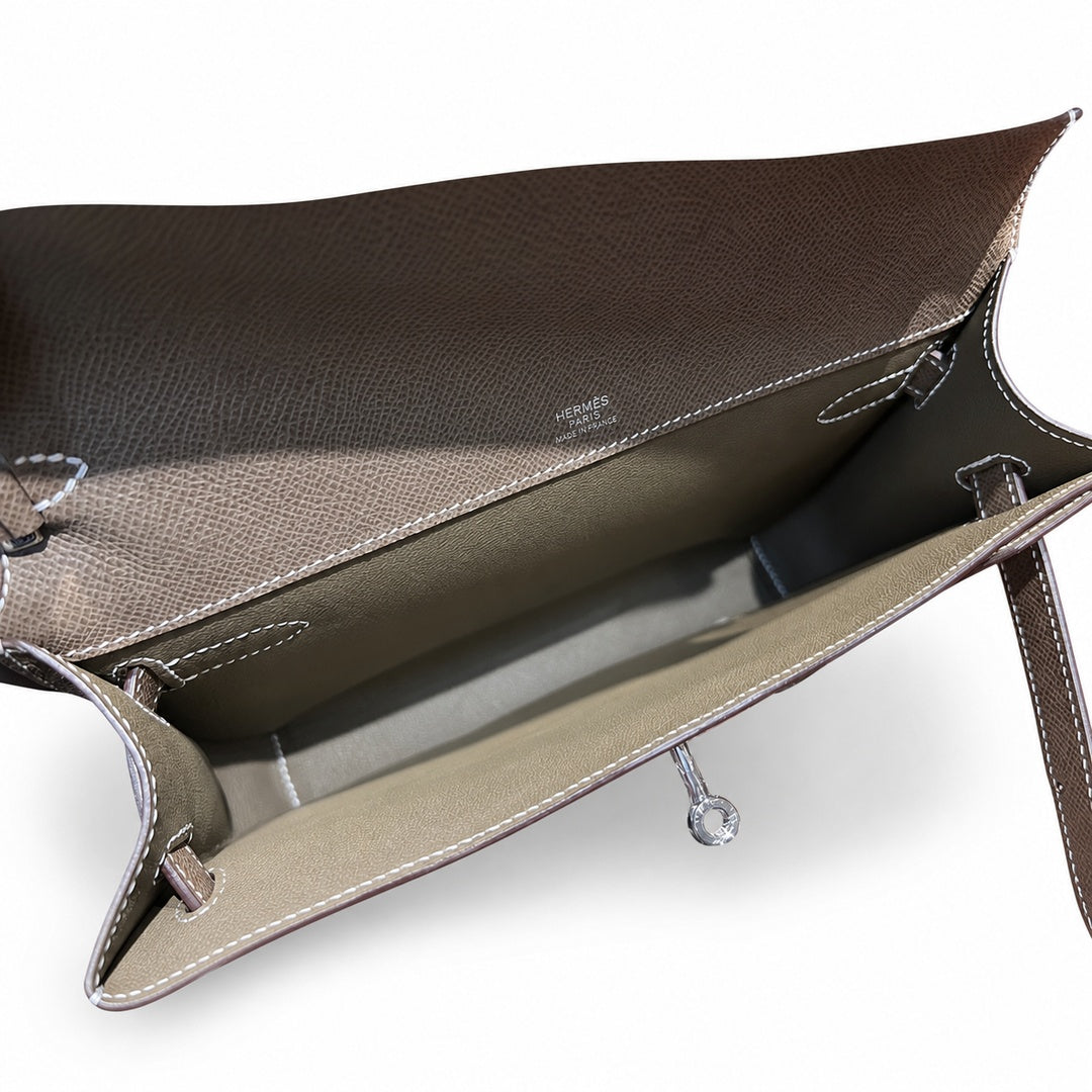 Kelly Depeches 25cm Epsom Leather 18 Etoupe Elephant Gray top handcraft — Refined Shoulder-Strap Clutch