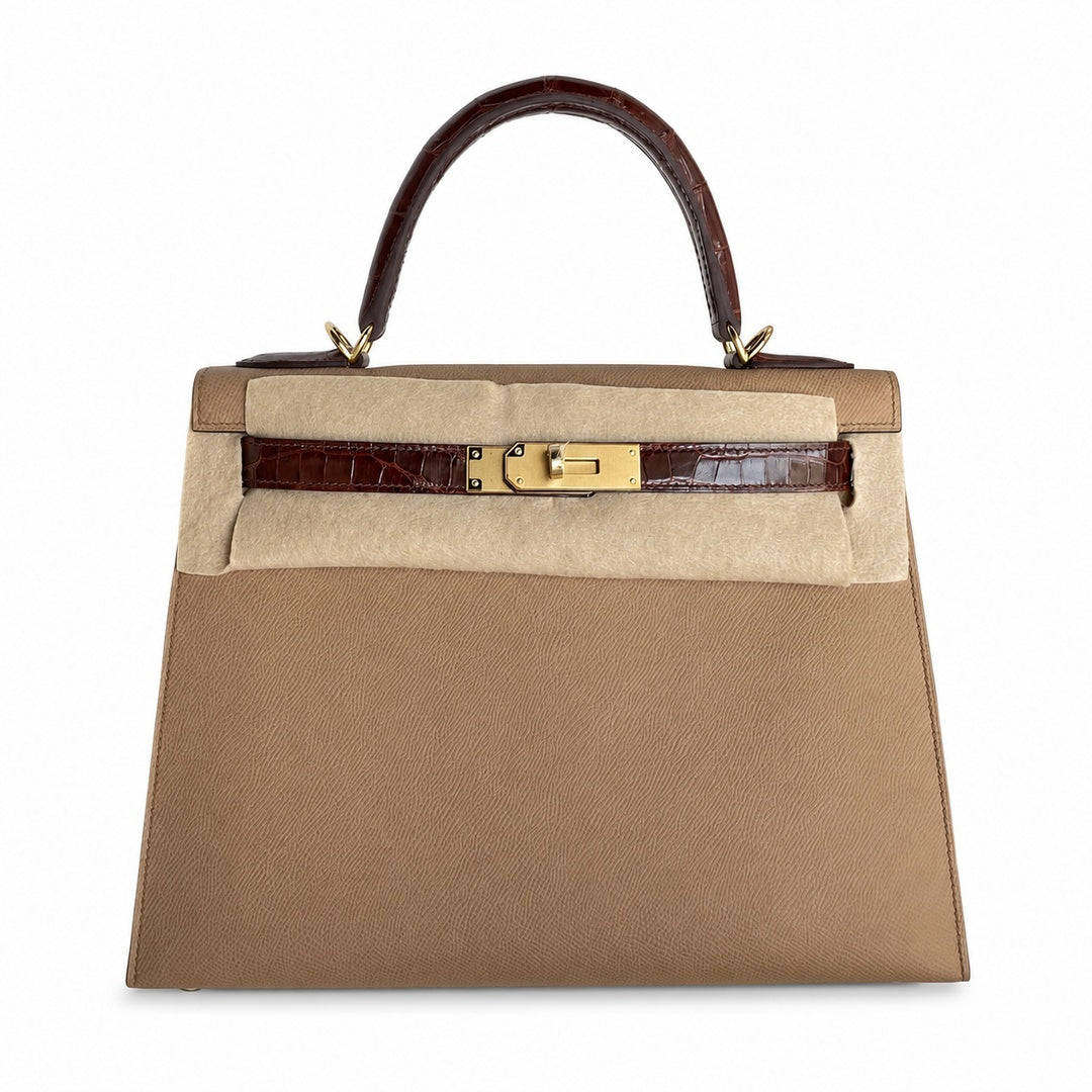 Kelly 28 Milk tea color with honey brown, Epsom with American color, Gold Buckle, hand sewing — Elegant Structured Carry Style