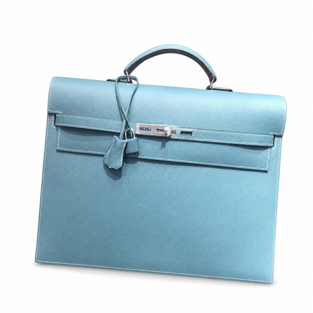 Kelly briefcase 38cm Epsom Leather 75 Bleu Jean denim blue top handcraft — Polished Hand-Carry Briefcase