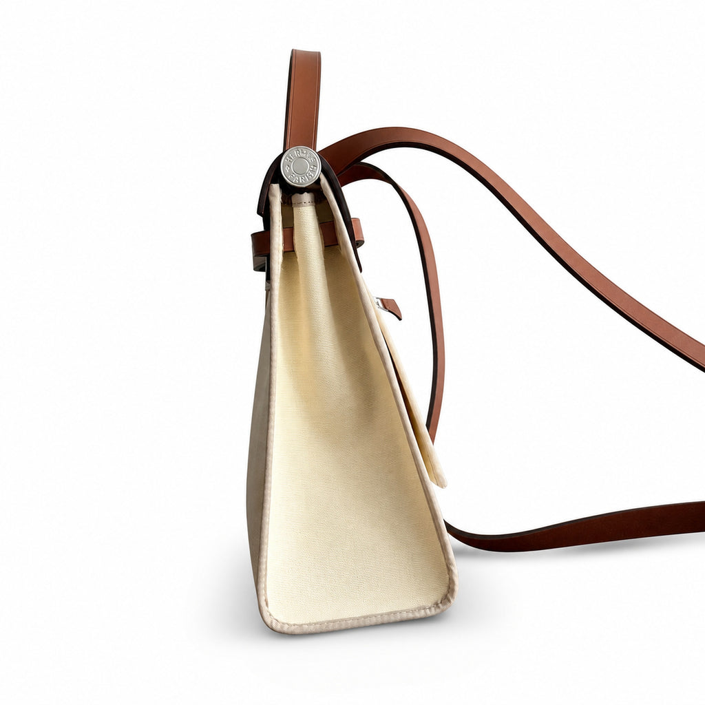 Herbag 31cm Saddle-Inspired Canvas Body with Leather Handle and Shoulder Strap — Canvas Body and Leather Trim Design