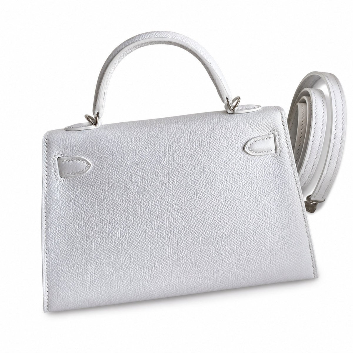 handmade Mini Kelly II 19cm imported Epsom Leather pure White Silver Buckle — Small Structured Carry Style