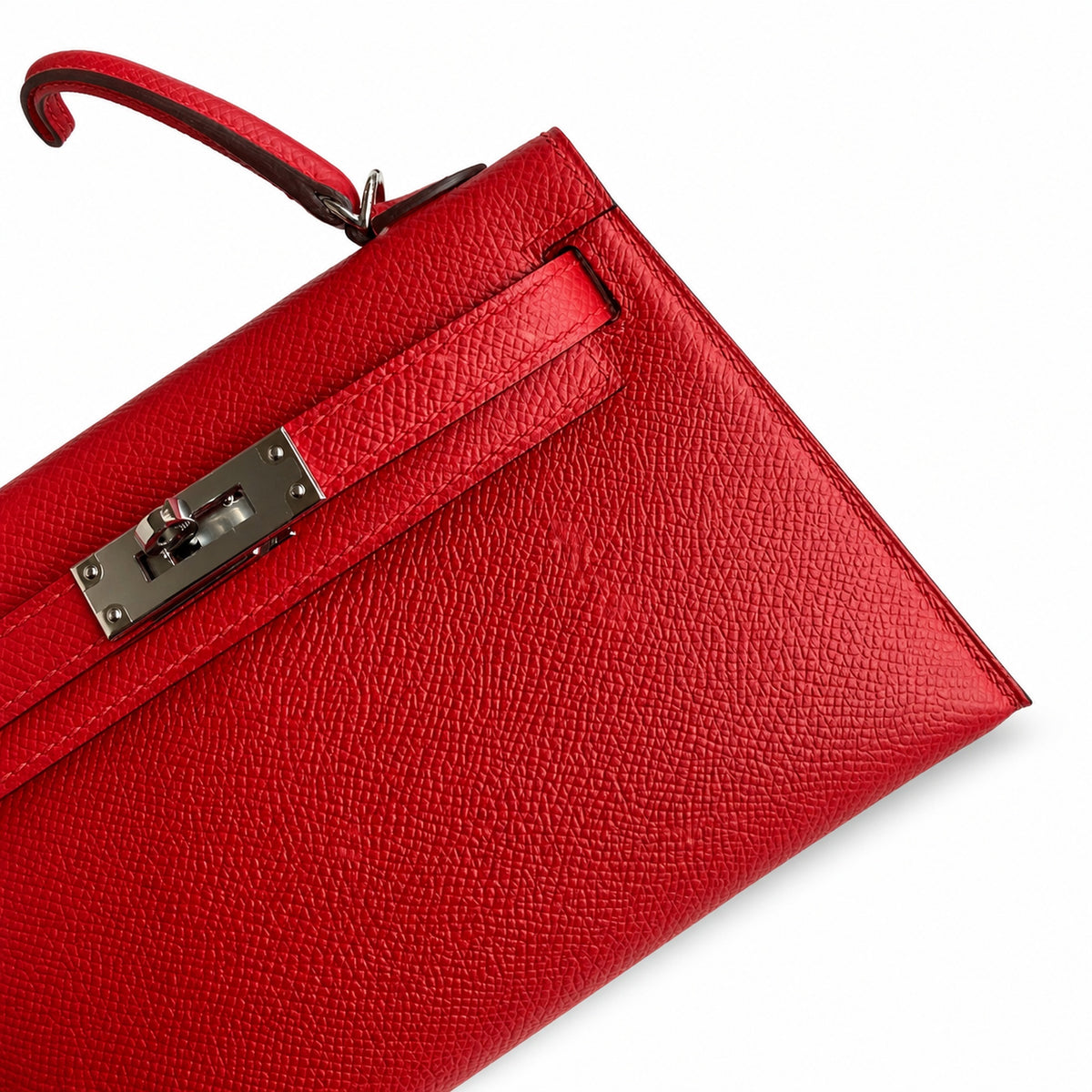 handmade Mini Kelly II 19cm imported Epsom Leather flag Red Silver Buckle — Small Structured Carry Style